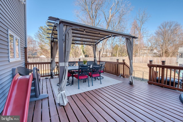 wooden deck featuring a fenced backyard and outdoor dining area