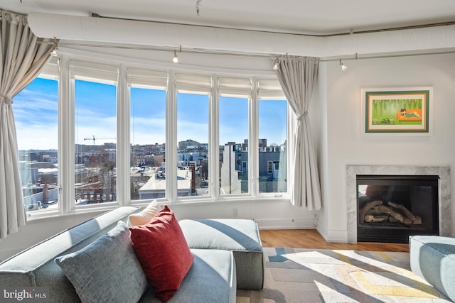 living room featuring light wood-style floors, a view of city, baseboards, and a premium fireplace