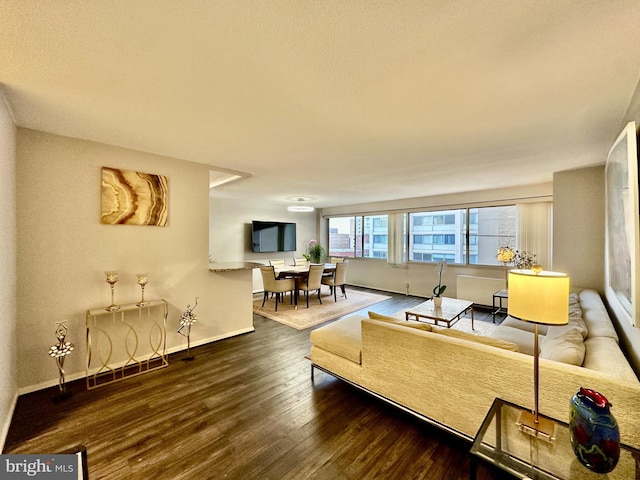 living room with baseboards and dark wood-type flooring