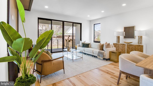 living area featuring wood finished floors and recessed lighting