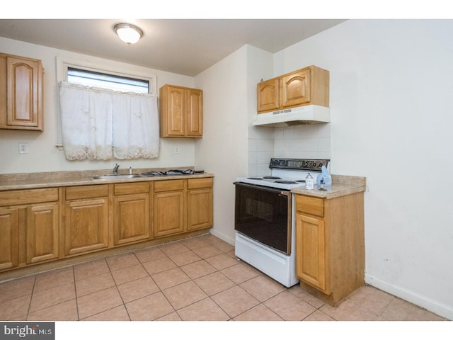 kitchen featuring light tile patterned floors, white range with electric stovetop, light countertops, under cabinet range hood, and backsplash