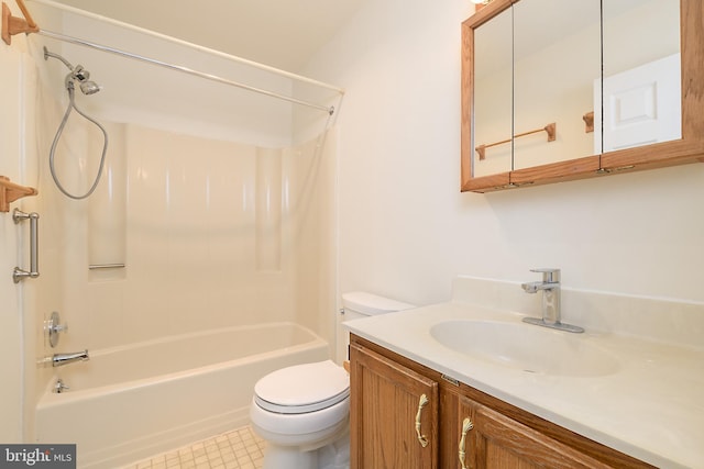 bathroom with tile patterned flooring, vanity, toilet, and shower / bath combination