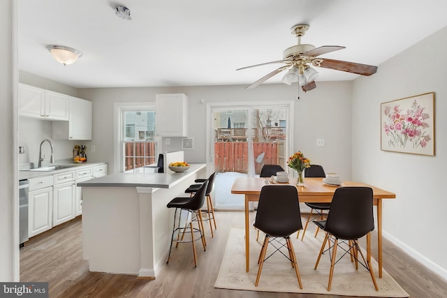 dining room featuring light wood finished floors, baseboards, and a ceiling fan