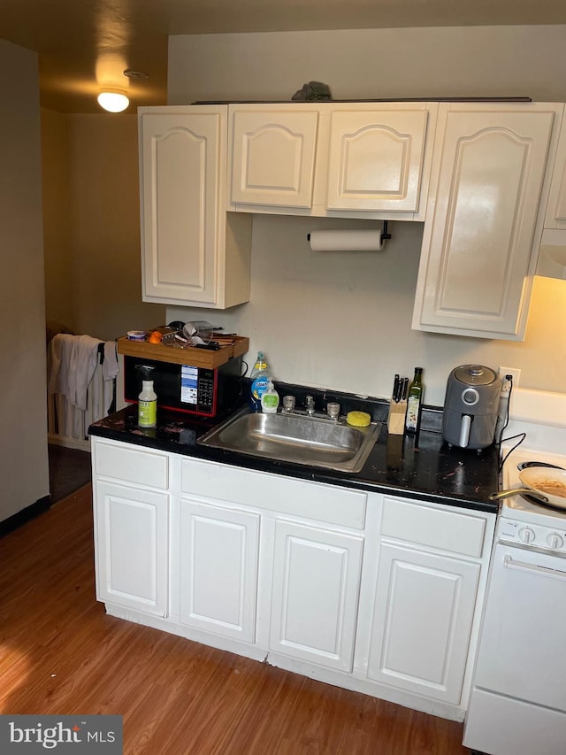 kitchen with white cabinets, dark countertops, dishwashing machine, wood finished floors, and a sink