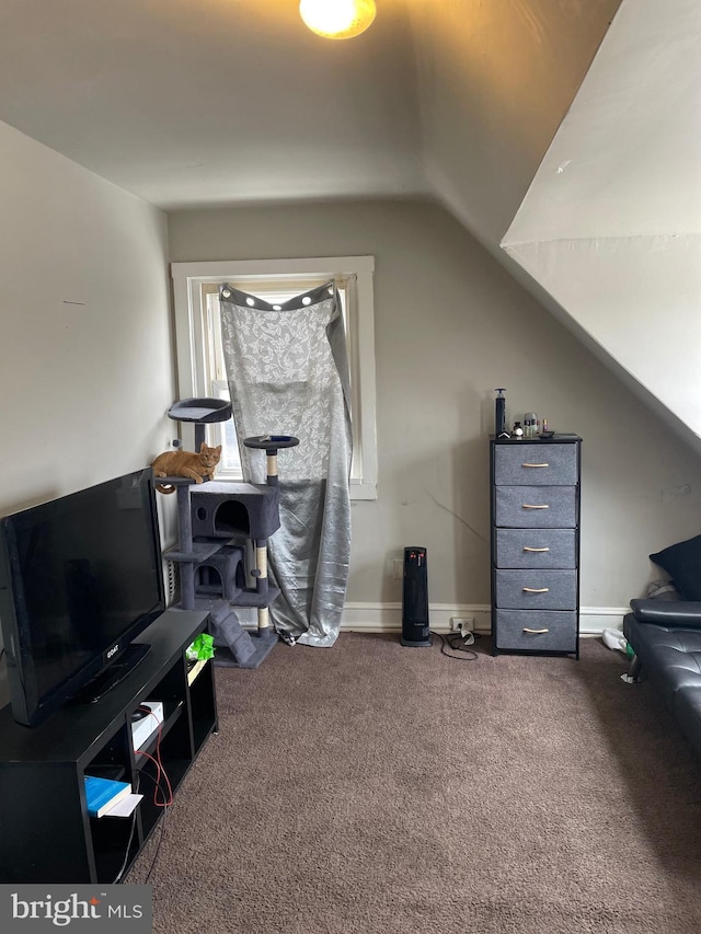 interior space featuring lofted ceiling and carpet