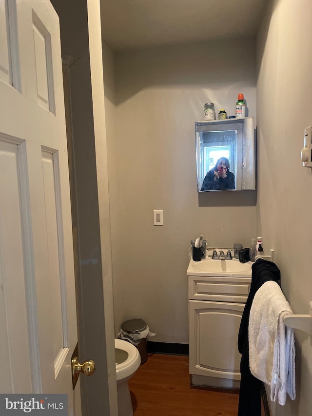 bathroom featuring vanity, toilet, and wood finished floors