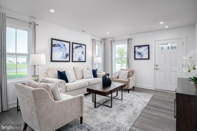 living room featuring baseboards, wood finished floors, and recessed lighting