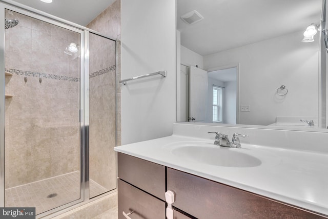 full bathroom featuring a shower stall, visible vents, and vanity