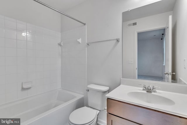 bathroom featuring toilet, shower / tub combination, visible vents, and vanity