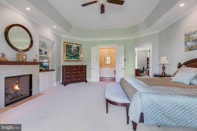 22577 Creighton Farms Dr, Leesburg, VA 20175 - bedroom featuring recessed lighting, a fireplace, carpet flooring, ensuite bathroom, and crown molding