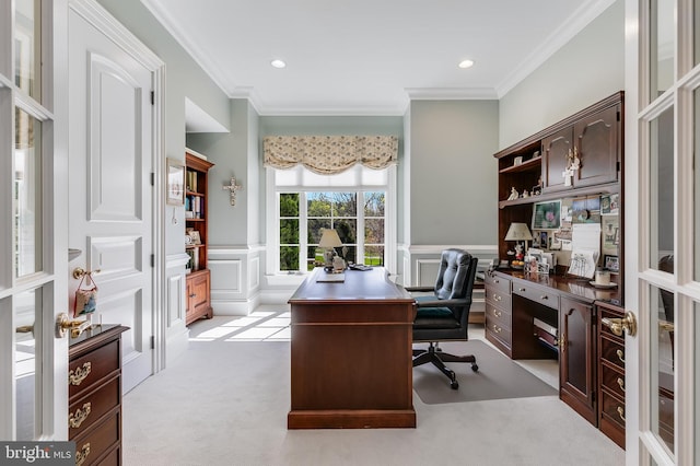 22577 Creighton Farms Dr, Leesburg, VA 20175 - home office featuring a decorative wall, ornamental molding, recessed lighting, light carpet, and wainscoting