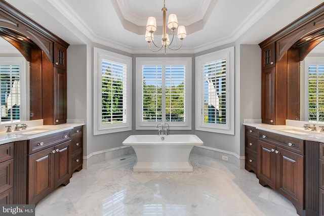 22577 Creighton Farms Dr, Leesburg, VA 20175 - bathroom with an inviting chandelier, two vanities, a tray ceiling, and a sink