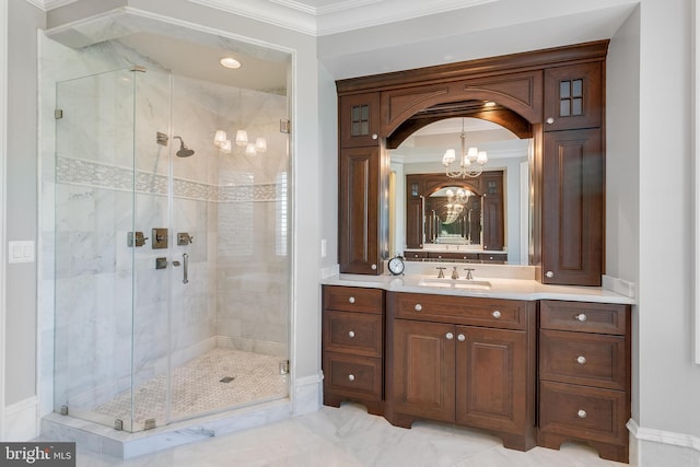 22577 Creighton Farms Dr, Leesburg, VA 20175 - full bathroom featuring ornamental molding, an inviting chandelier, a stall shower, and vanity