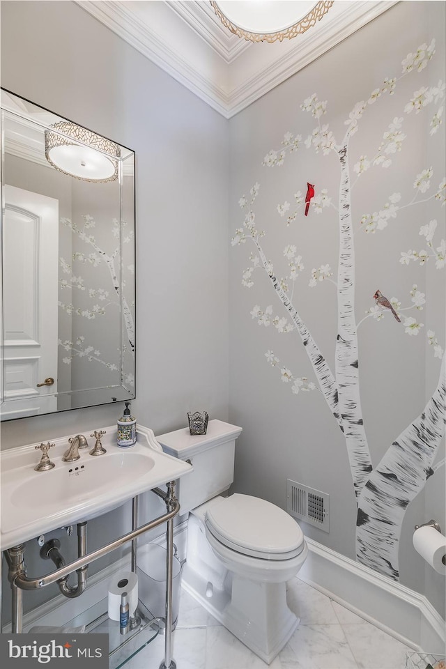 22577 Creighton Farms Dr, Leesburg, VA 20175 - half bath with visible vents, a sink, ornamental molding, toilet, and marble finish floor