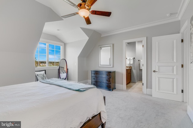 22577 Creighton Farms Dr, Leesburg, VA 20175 - bedroom featuring baseboards, ornamental molding, ceiling fan, light carpet, and lofted ceiling