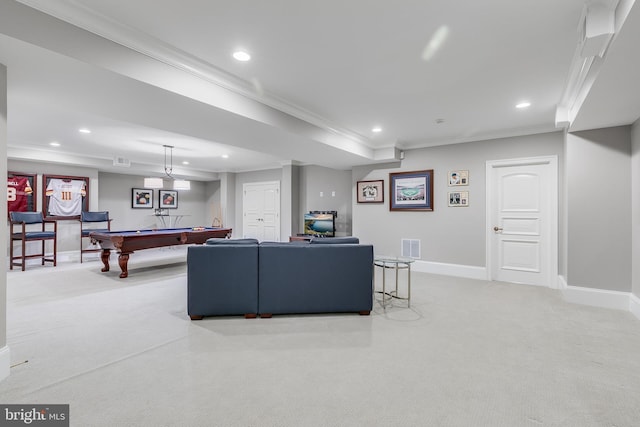 22577 Creighton Farms Dr, Leesburg, VA 20175 - game room with light carpet, baseboards, ornamental molding, and recessed lighting