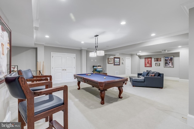 22577 Creighton Farms Dr, Leesburg, VA 20175 - recreation room with crown molding, billiards, recessed lighting, and carpet flooring