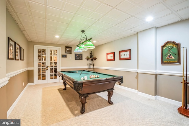 playroom with baseboards, pool table, french doors, carpet floors, and recessed lighting