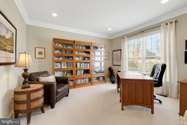 home office with baseboards, recessed lighting, light colored carpet, and crown molding