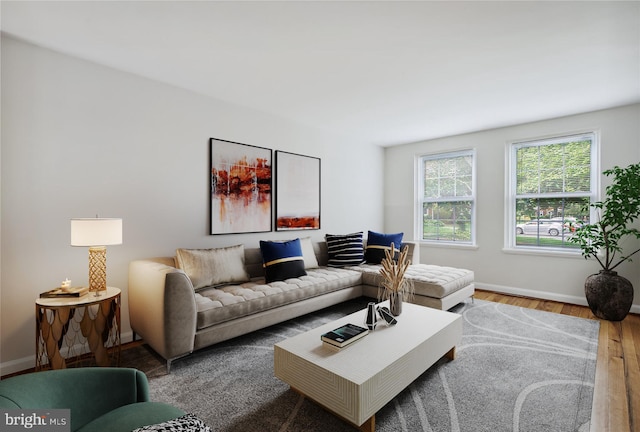 living room featuring wood finished floors and baseboards