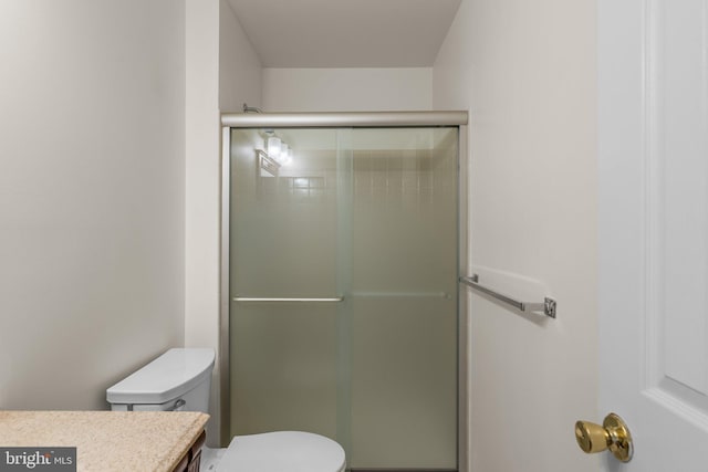 full bathroom featuring toilet, a shower stall, and vanity