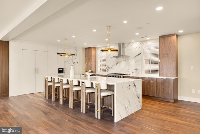 kitchen featuring a spacious island, modern cabinets, island range hood, and white cabinets