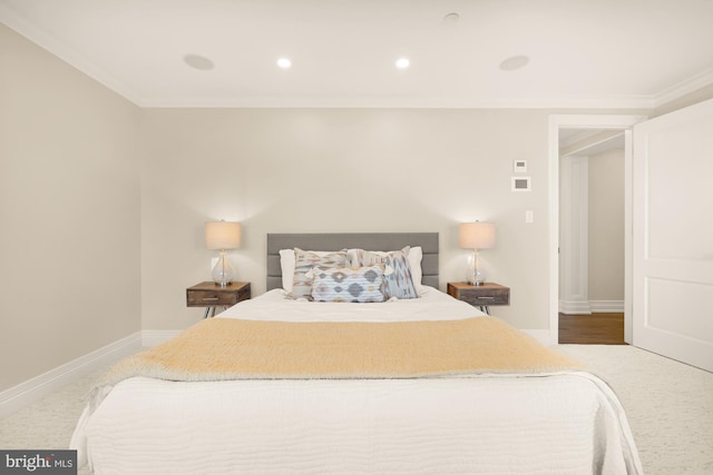 bedroom featuring crown molding, recessed lighting, and baseboards