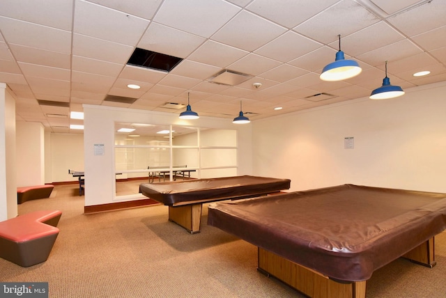 playroom featuring pool table, visible vents, and light colored carpet