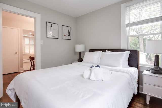 bedroom featuring dark wood-style floors, a baseboard radiator, and multiple windows