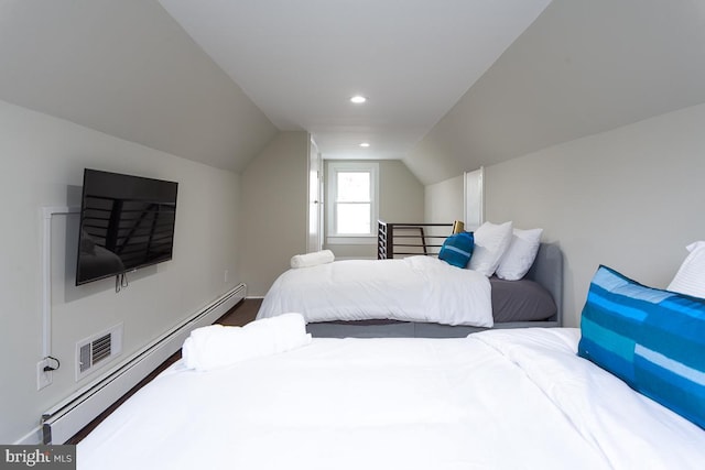 bedroom featuring vaulted ceiling, a baseboard heating unit, wood finished floors, and recessed lighting