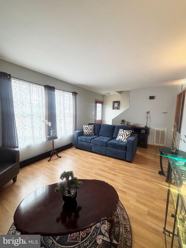 living area featuring wood finished floors and visible vents