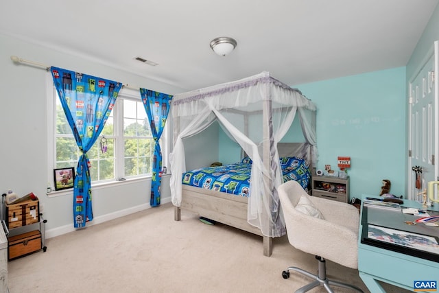 bedroom featuring carpet, visible vents, and baseboards