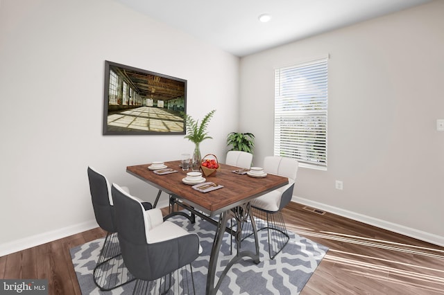 dining room with visible vents, baseboards, and dark wood finished floors