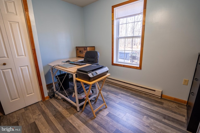 office featuring dark wood-style floors, a baseboard radiator, and baseboards