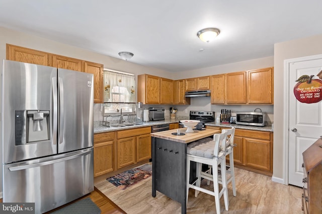 kitchen featuring light wood finished floors, appliances with stainless steel finishes, a sink, under cabinet range hood, and a kitchen bar