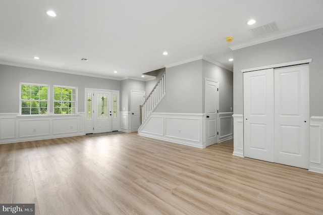 interior space with stairway, visible vents, light wood-style floors, and recessed lighting