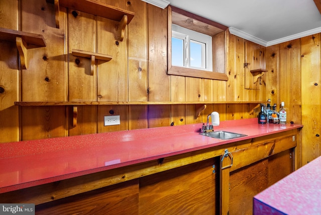 kitchen featuring crown molding, wooden walls, and a sink