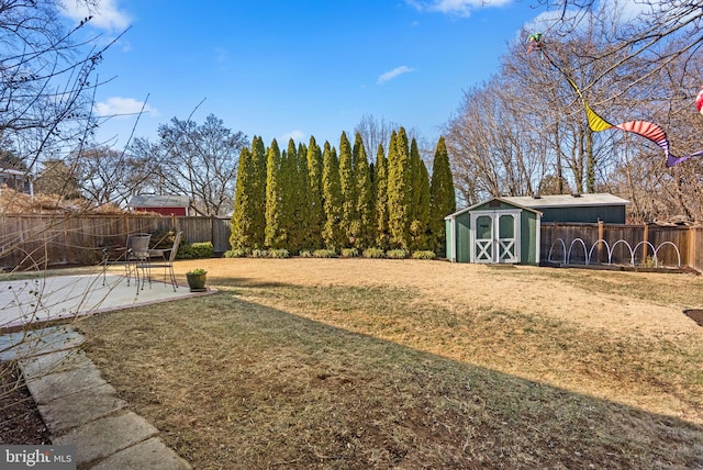 view of yard with a fenced backyard, a storage unit, a patio, and an outdoor structure