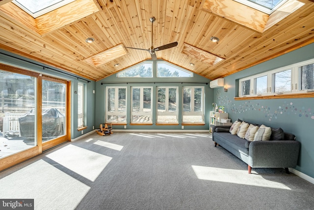 unfurnished living room with a wealth of natural light, carpet floors, wood ceiling, and vaulted ceiling with skylight