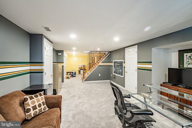 office area featuring recessed lighting, visible vents, baseboards, and light colored carpet