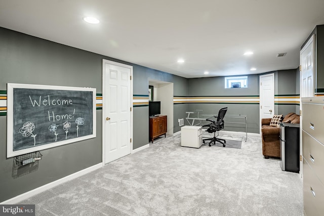 office with visible vents, carpet flooring, recessed lighting, and baseboards