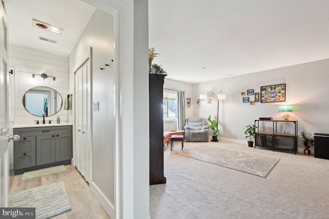 interior space featuring a sink, baseboards, visible vents, and light carpet