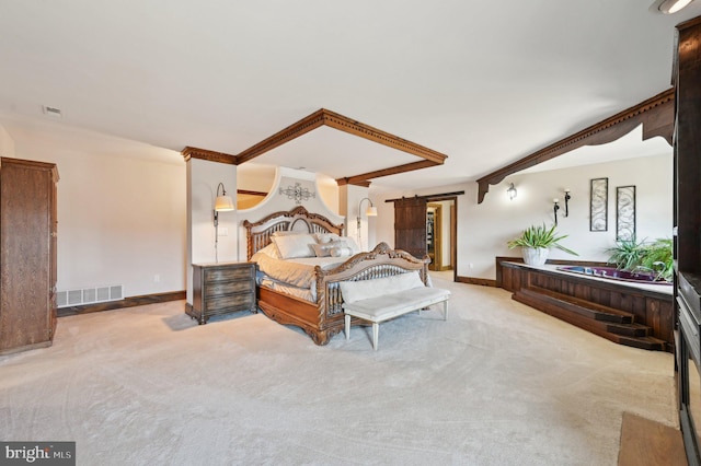 bedroom featuring beam ceiling, carpet flooring, baseboards, and visible vents