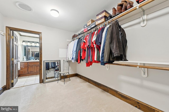 spacious closet featuring light colored carpet