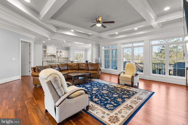 living area with recessed lighting, dark wood-style flooring, coffered ceiling, ornamental molding, and beam ceiling