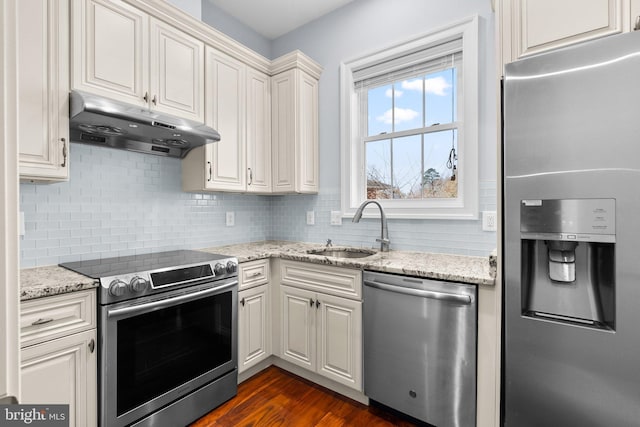 kitchen with decorative backsplash, dark wood finished floors, appliances with stainless steel finishes, under cabinet range hood, and a sink