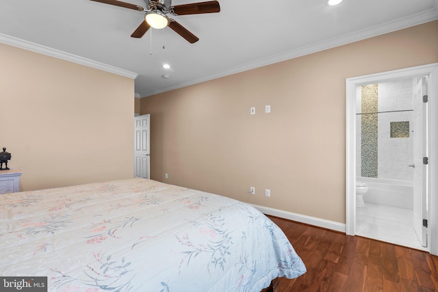 bedroom with baseboards, connected bathroom, ornamental molding, wood finished floors, and recessed lighting