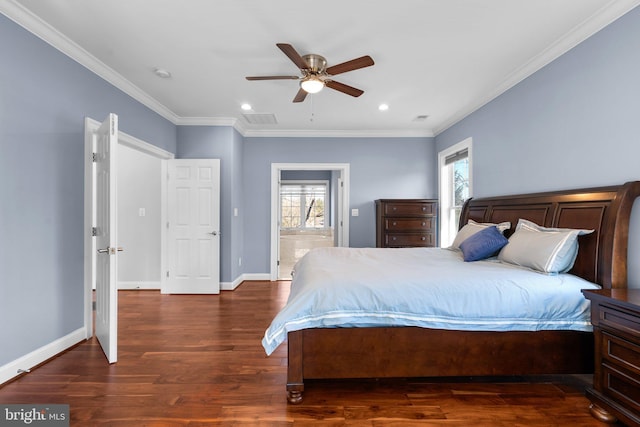 bedroom featuring baseboards, visible vents, ornamental molding, wood finished floors, and recessed lighting