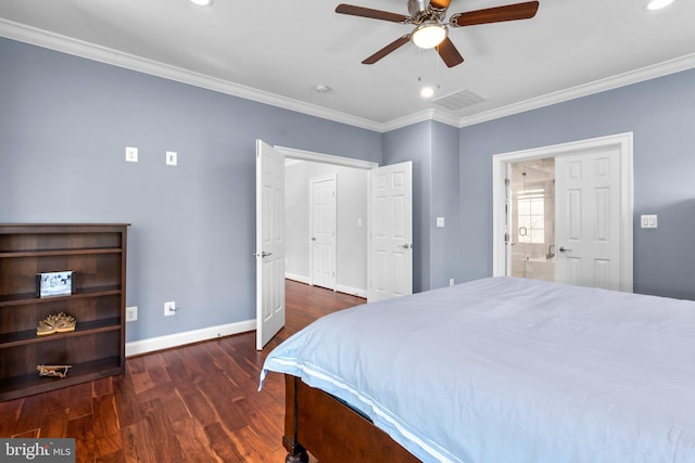 bedroom with ornamental molding, recessed lighting, baseboards, and wood finished floors