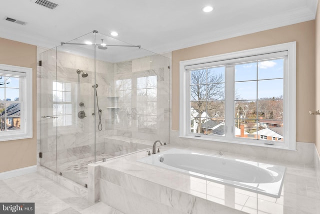 full bathroom featuring a stall shower, visible vents, a garden tub, and ornamental molding